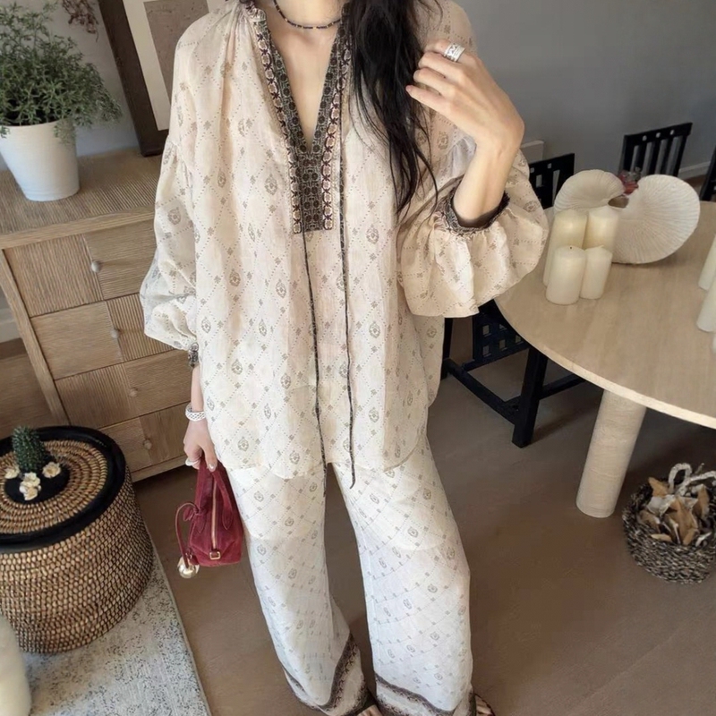 Evan【Authentic ● Designer】Bohemian Old Money Vacation Relaxed Style Printed Shirt and Straight-Leg Pants Set