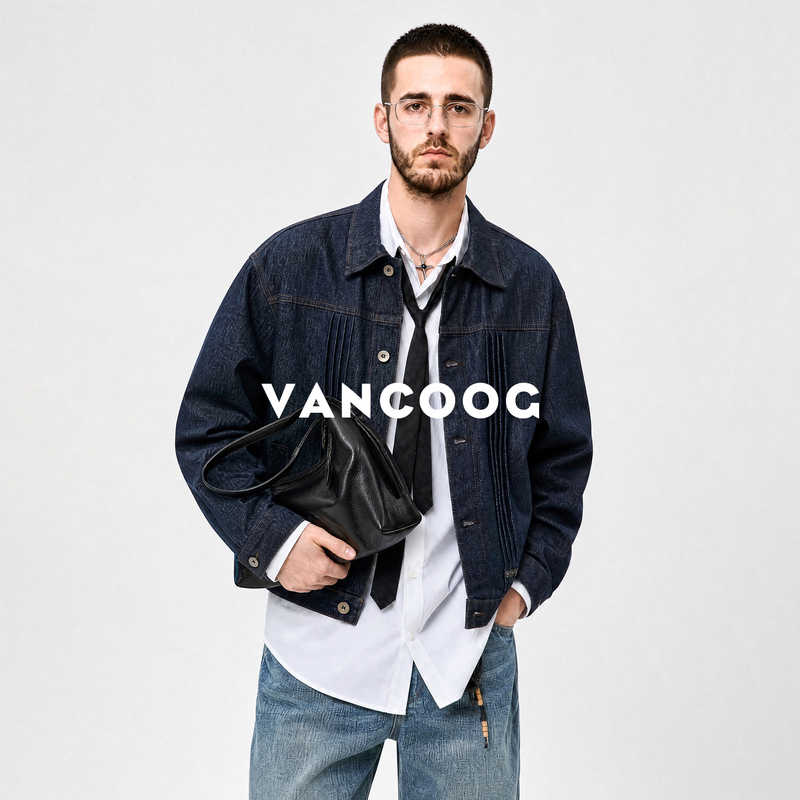 Vancoog Autumn American-Style Original Color Denim Pleated Denim Jacket with Lapel, Versatile Casual Short Jacket for Men Vancoog Autumn American-Style Original Color Denim Pleated Denim Jacket with Lapel, Versatile Casual Short Jacket for Men