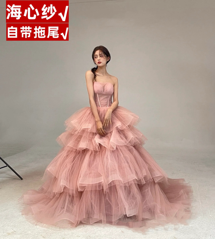 Haixin Yarn Dress Wedding Dress Birthday Party Photo Shoot Princess Dress Puffy Skirt Long Train Fairy-Like Pink Heavy Craftsmanship Haixin Yarn Dress Wedding Dress Birthday Party Photo Shoot Princess Dress Puffy Skirt Long Train Fairy-Like Pink Heavy Craftsmanship