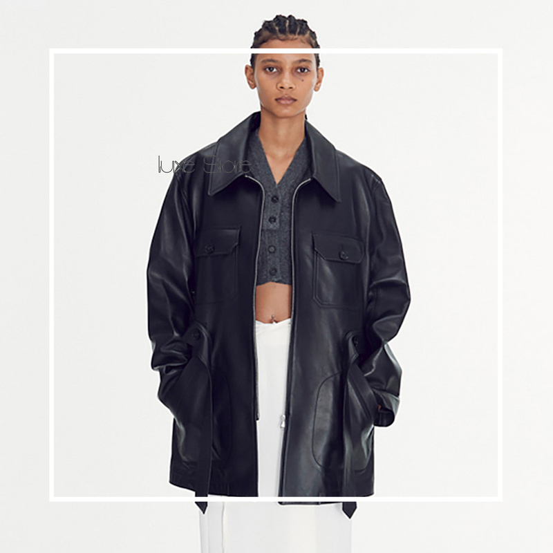 Recto Song Hye-Kyo Style Casual Leather Motorcycle Jacket Unisex Retro Mac Belt Jacket