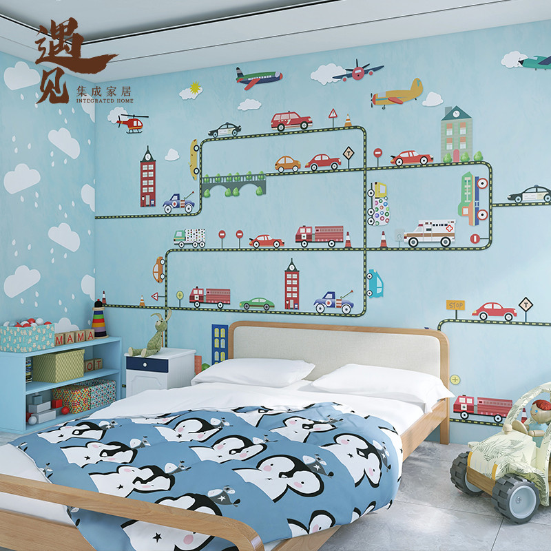 Boy Bedroom Children Room Care Wall Panel Themed House Bamboo Wood Fiber Integrated Board Cartoon Car Splicing Buckle Plate Waterproof