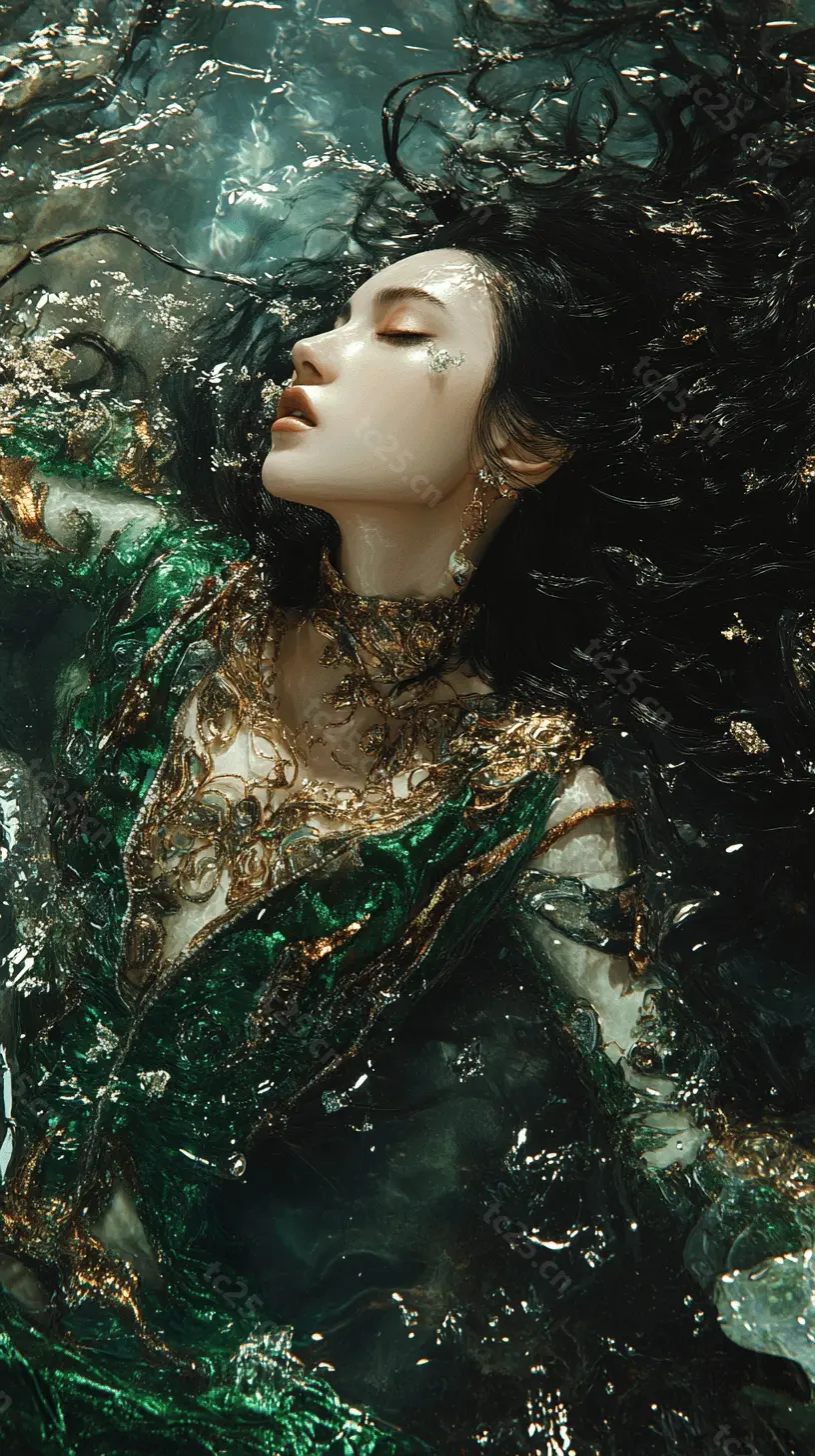 图片[1]-水下仙灵黑发女神碧波midjounney提示词、stable-diffusion-pormpt-天城私塾