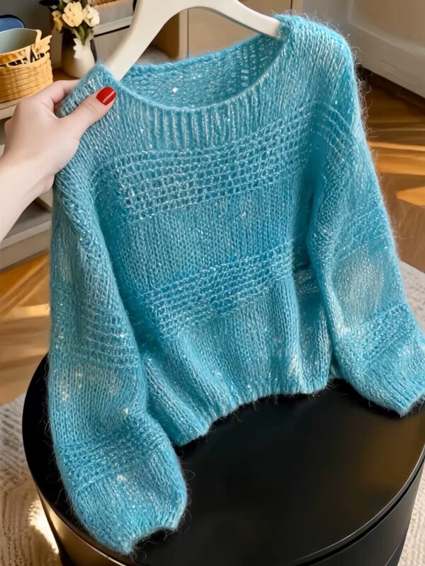 Lake Blue Sequined Off-The-Shoulder Long-Sleeve Knit Sweater for Women, Autumn Korean Style, Thin Hollow-Out Design, Slimming Loose Pullover Sweater Lake Blue Sequined Off-The-Shoulder Long-Sleeve Knit Sweater for Women, Autumn Korean Style, Thin Hollow-Out Design, Slimming Loose Pullover Sweater