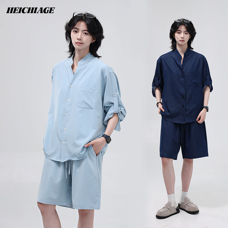 Heichiage Stand-Up Collar Shirt Men's Summer Thin Top Loose Shorts Casual Comfortable Long-Sleeved Shirt Set Heichiage Stand-Up Collar Shirt Men's Summer Thin Top Loose Shorts Casual Comfortable Long-Sleeved Shirt Set