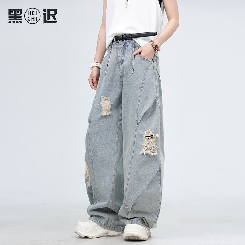 Wrinkled Design Distressed Washed Ripped Jeans Unisex American High Street Casual Scimitar Pants Men's Trendy