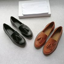British style niche round head tassel loafers womens soft leather soft bottom comfortable leather one pedal low-heeled peas shoes