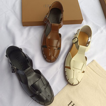 Cow goods niche HEREU full leather retro Baotou sandals womens 22 summer new one-word buckle strap Roman shoes