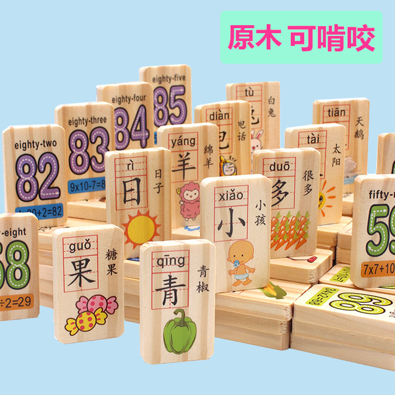 Wooden infant early childhood education 100 pieces of double-sided Chinese characters Dominoes build solid wood building blocks educational toys