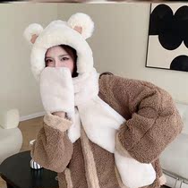 Autumn and winter scarf hat neck guard versatile multifunctional headgear one female winter hooded gloves three pieces