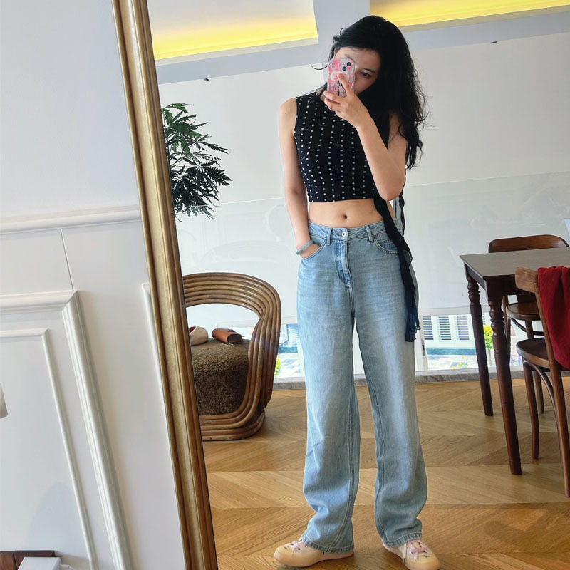 Medium-Low Waist Shape |   Cool and Airy Hemp Denim Straight-Leg Pants for Women, Slimming and Narrow Wide-Leg Pants