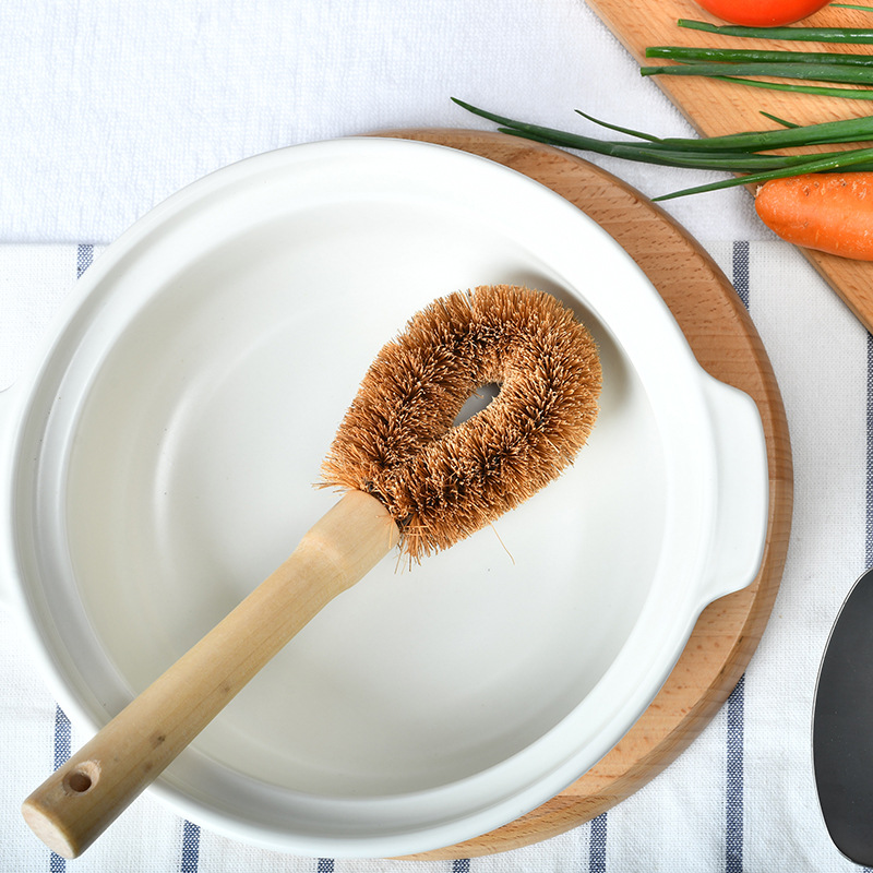 Coconut brush wood handle pot wash brush kitchen cleaning brush pot bowl dish brush degreasing brush long handle pot wash brush