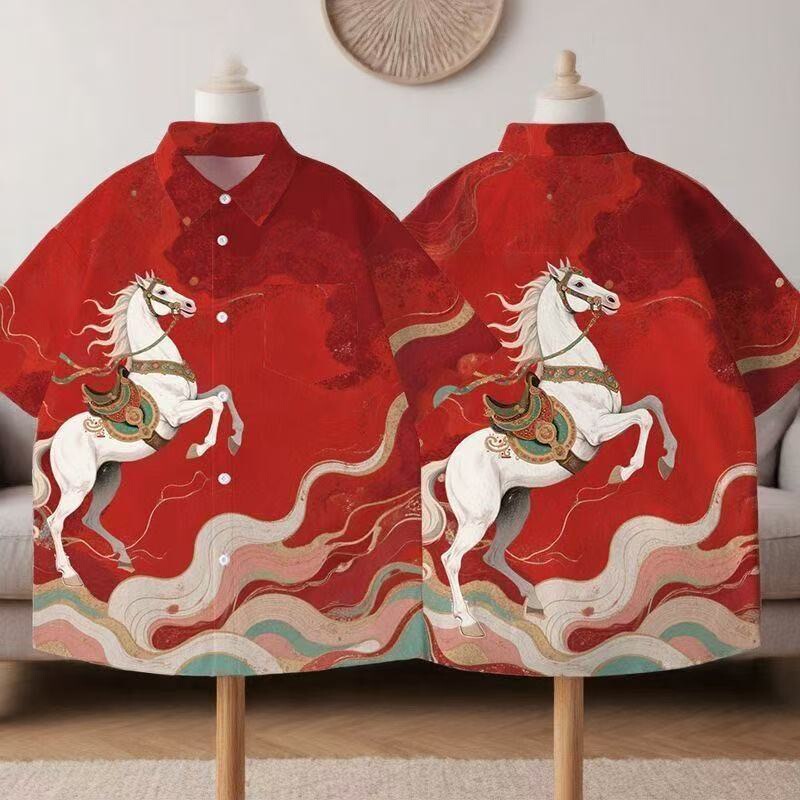 Summer New Style Red Horse Print Shirt Loose Trendy Brand Fashion Short-Sleeved Casual Printed Shirt