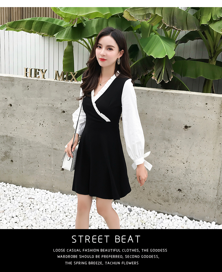 VK旗艦店 韓國風拼接V領氣質蝴蝶結袖口長袖洋裝