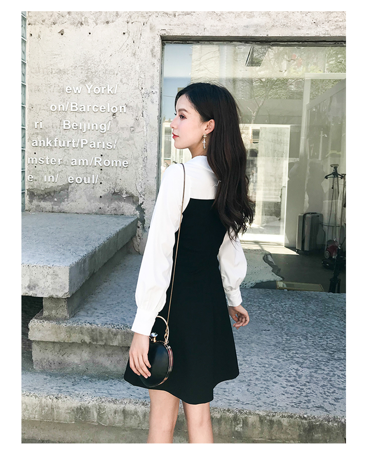 VK旗艦店 韓系襯衫拼接黑白修身顯瘦氣質撞色長袖洋裝