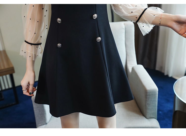 VK旗艦店 韓系網紗波點拼接性感修身時尚長袖洋裝