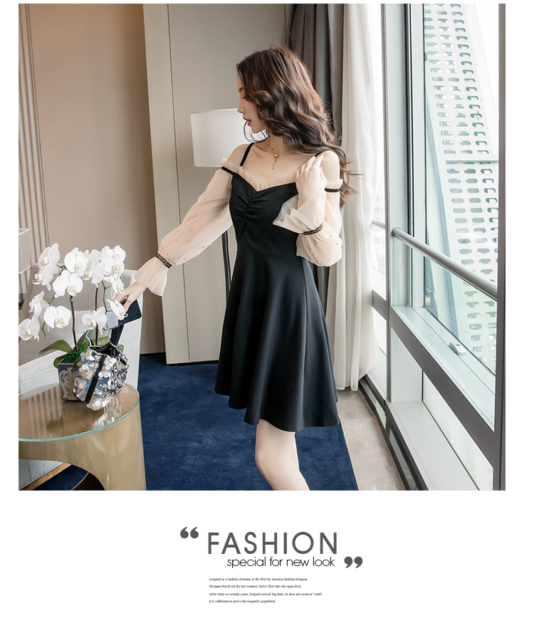 DABI 韓系網紗拼接荷葉袖釘珠一字領禮服長袖洋裝 DABI 韓系網紗拼接荷葉袖釘珠一字領禮服長袖洋裝