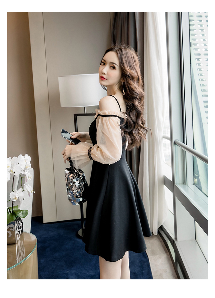 DABI 韓系網紗拼接荷葉袖釘珠一字領禮服長袖洋裝 DABI 韓系網紗拼接荷葉袖釘珠一字領禮服長袖洋裝