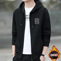 Autumn and winter mens velvet hooded sweatshirt zipper cardigan large size loose solid color trendy hoodie plus velvet warm jacket