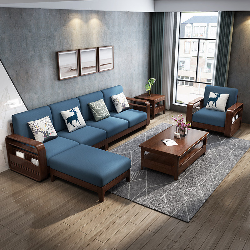 Minimalist small family Nordic full solid wood sofa composition with pull-bed cloth art wood living room Guido Corner Adult