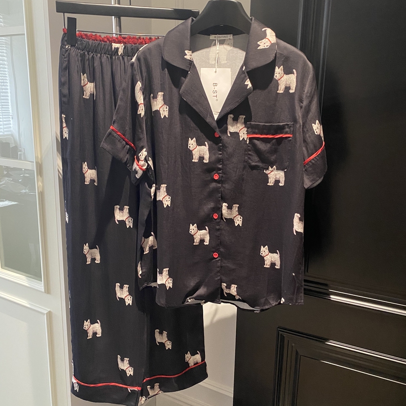 【Mi Li】High-End Tencel Black Puppy Print Women's Pajamas Classic Lapel Fashion Loungewear Set