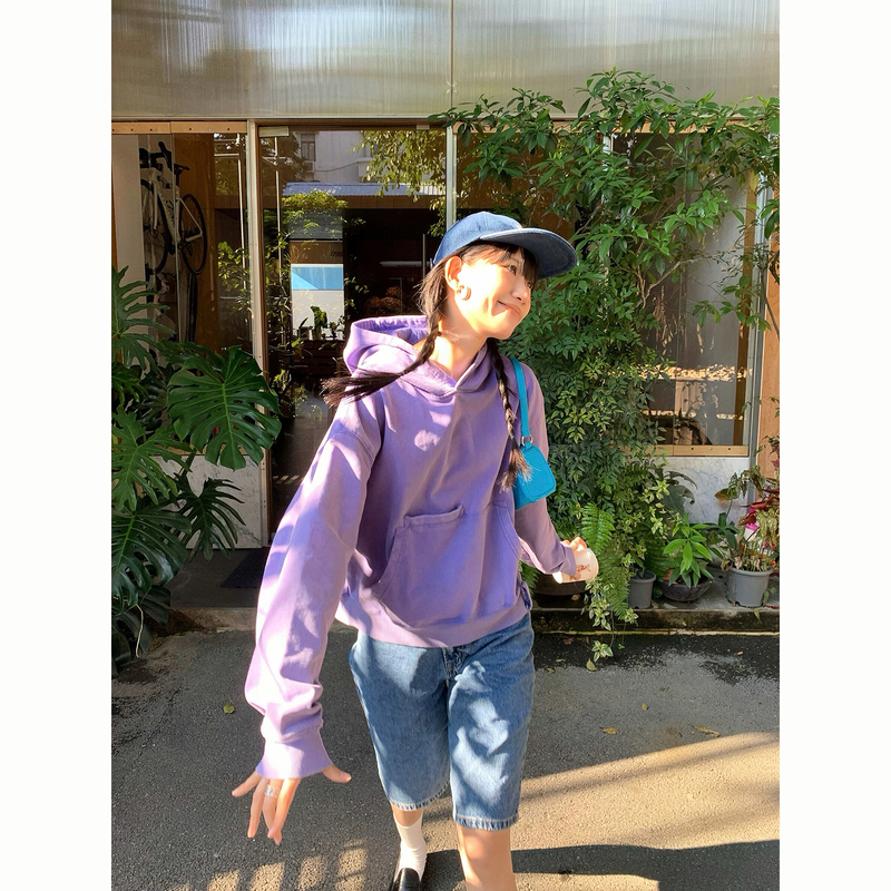 Sakura Mado Retro Vintage Washed Purple Design Pocket Hoodie Versatile Pullover Jacket for Women