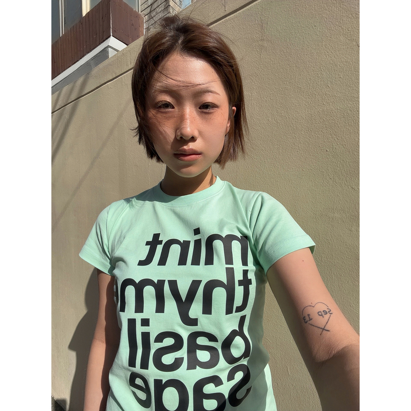 Cherry Blossom Mado Whitening~Mint Green Korean Style Printed Letter Short-Sleeve T-Shirt Summer Slim Fit Top for Women