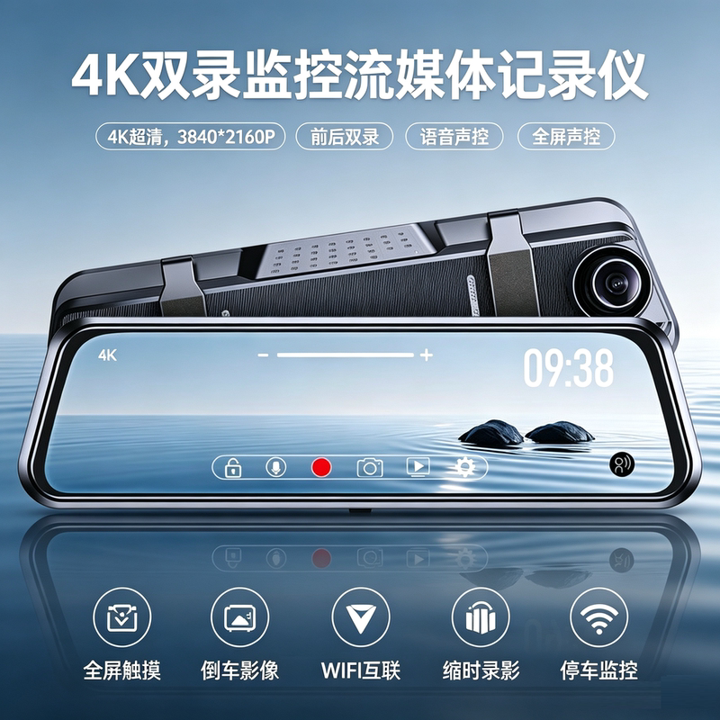 Full-Screen 4K Streaming Media Dash Cam with Wifi Mobile Phone Connectivity, Dual Recording Rearview Mirror, 2160P Reversing Image Full-Screen 4K Streaming Media Dash Cam with Wifi Mobile Phone Connectivity, Dual Recording Rearview Mirror, 2160P Reversing Image