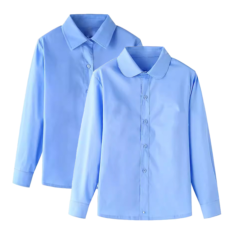 Primary and Secondary School Students' Blue School Uniform Shirts, Spring and Autumn Boys' Pure Cotton Long-Sleeved Shirts, Fat Children's Plus-Size Girls' Round-Neck Shirts
