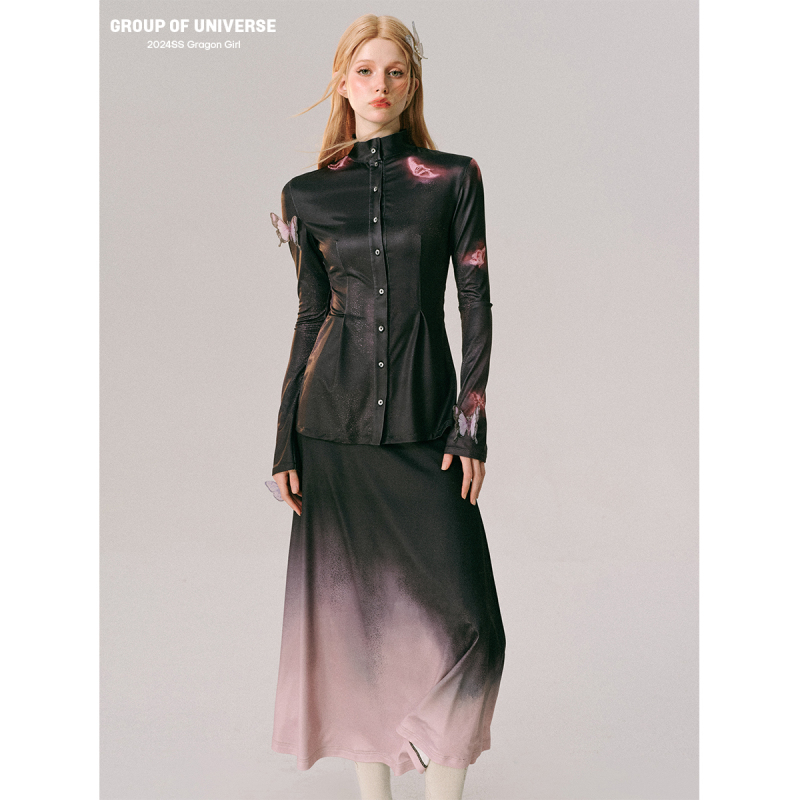 Long Live the Milky Way Flame Neon Burning Butterfly Gradient Neon Print Waist-Cinching Shirt + Long Skirt Set