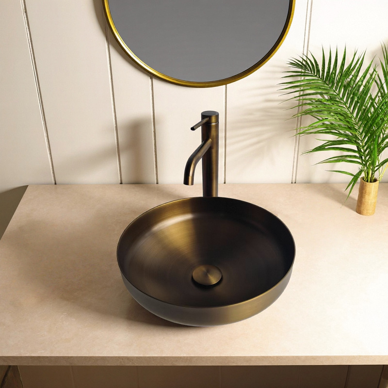 Bathroom Counter Basin Faucet 304 # Stainless Steel Countertop Washbasin with Antique Green-Colored Hot and Cold Water Faucet