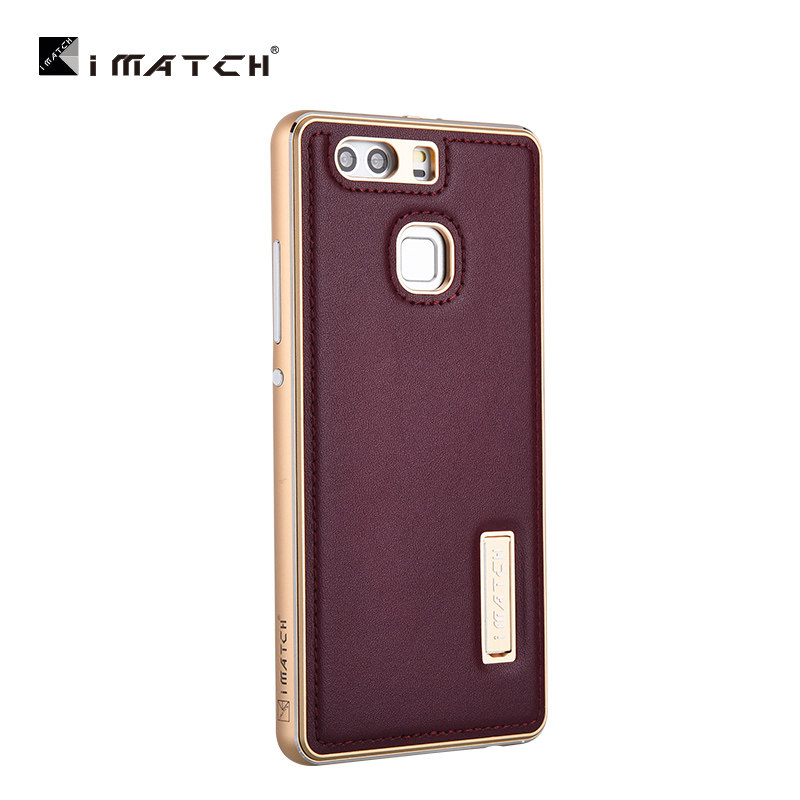 iMatch Luxury Aluminum Metal Bumper Premium Genuine Leather Back Cover Case for Huawei P9 Plus & Huawei P9