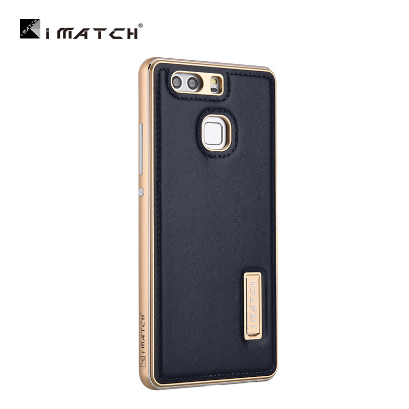 iMatch Luxury Aluminum Metal Bumper Premium Genuine Leather Back Cover Case for Huawei P9 Plus & Huawei P9