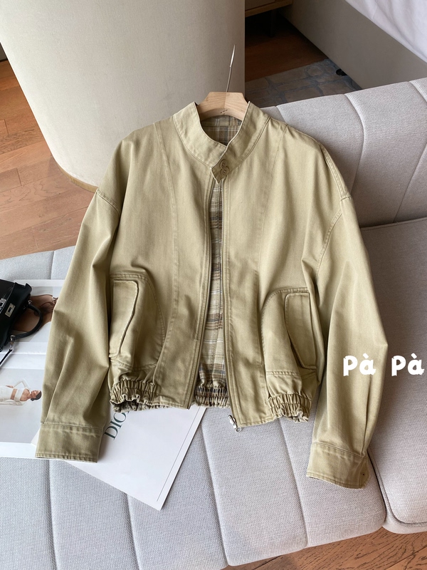 Reversible Plaid Stand-Up Collar Jacket for Women, Spring Wear, Simple, Loose, Short Style for Petite Figures, Zipper Workwear Style Top