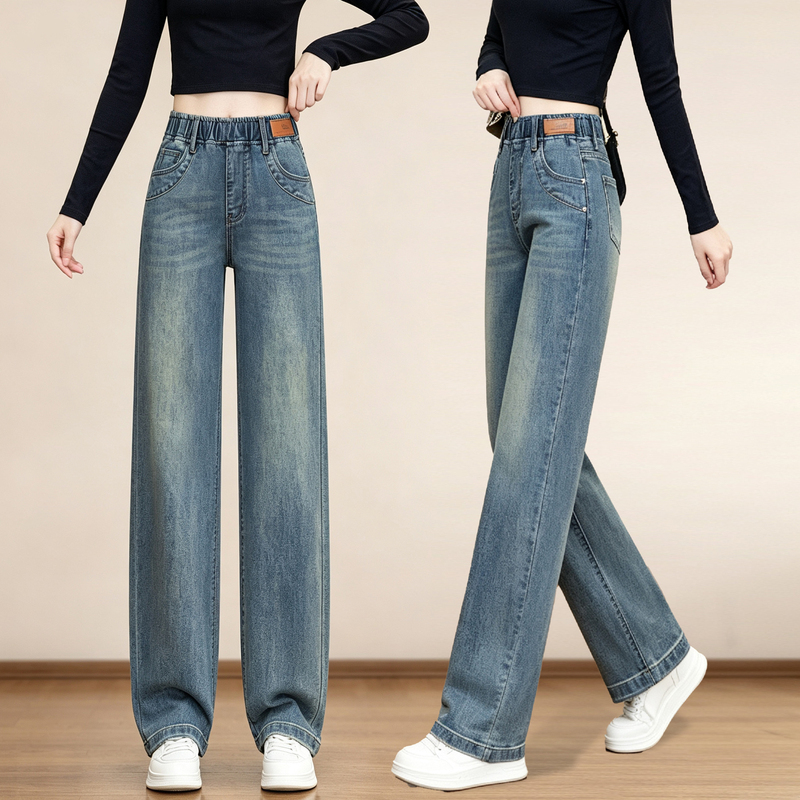 Elastic Waist Plus-Size Straight-Leg Jeans for Women, Autumn Pants, 2026 New High-Waisted Slim Wide-Leg Pants for Winter Elastic Waist Plus-Size Straight-Leg Jeans for Women, Autumn Pants, 2026 New High-Waisted Slim Wide-Leg Pants for Winter