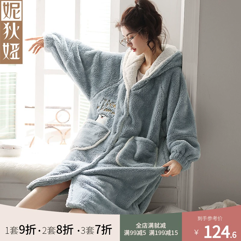 Nedia pyjama váy ngủ phụ nữ mùa đông dày san hô lông cừu ấm áp cardigan trùm đầu dễ thương lỏng lẻo cộng với kích thước dịch vụ tại nhà - Night Robe
