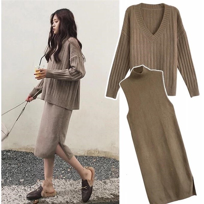 Trendy and Youthful-Looking Knitted Dress Set for Women, New Autumn and Winter Style, Lazy Style Loose Sweater Dress, Two-Piece Set That Attracts Attention Trendy and Youthful-Looking Knitted Dress Set for Women, New Autumn and Winter Style, Lazy Style Loose Sweater Dress, Two-Piece Set That Attracts Attention