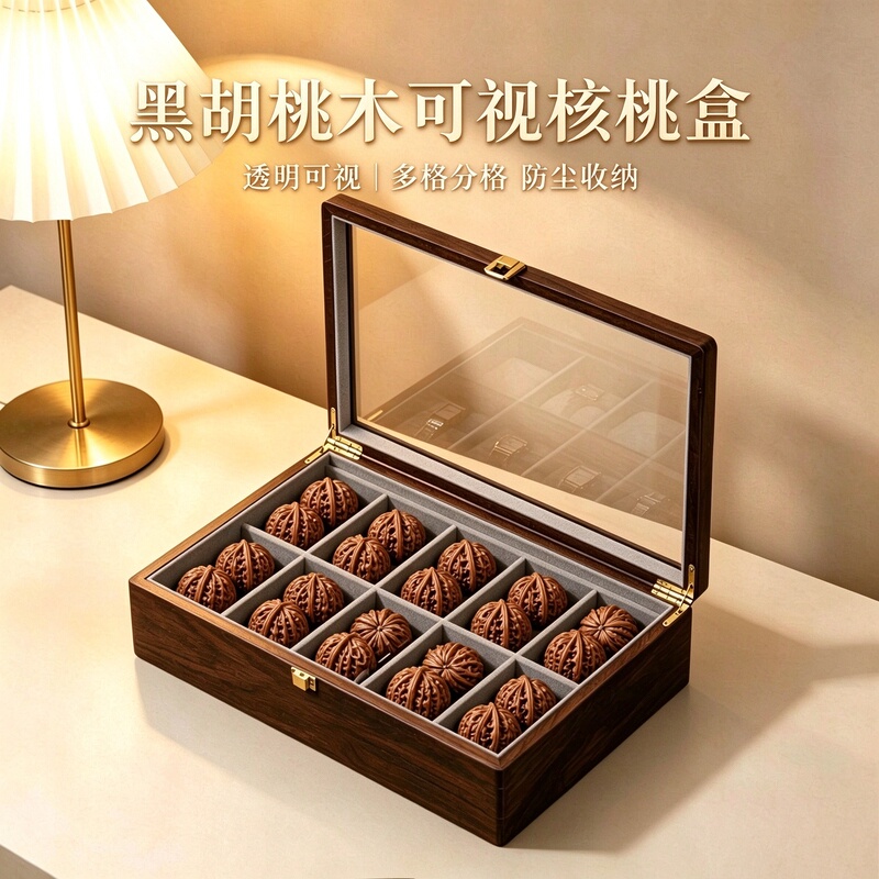 All-Solid Wood Black Walnut Display Box for Storing and Showcasing Various Items, Multi-Compartment Display Box, Dust-Proof Storage Box for Official Hats and Lion Heads