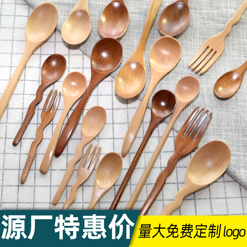 Small wood spoon long handle solid wood quality rice spoon sweet coffee honey spoon hand spoon fork cutlery custom lettering