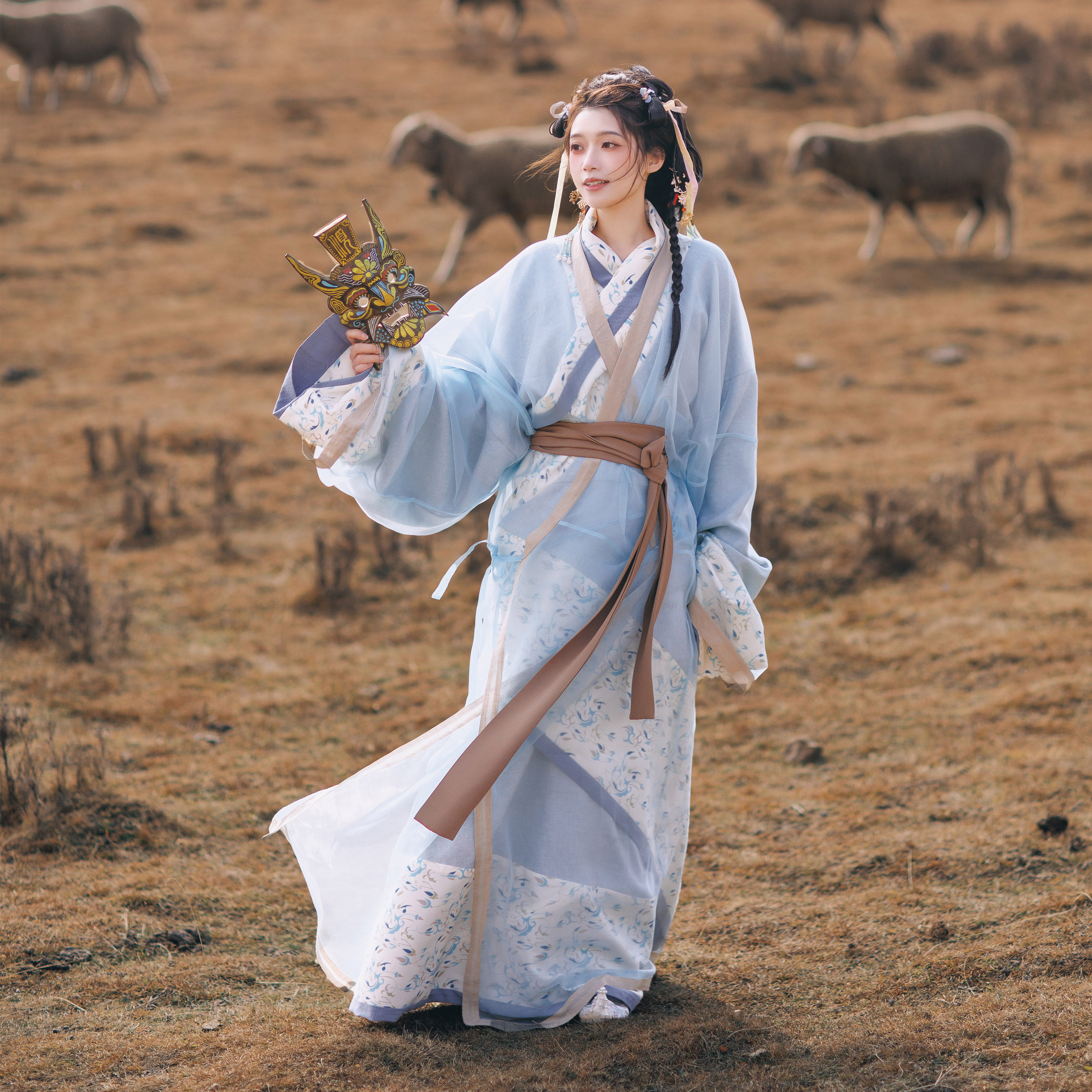 花朝记｜甘棠｜汉服西汉马王堆曲裾袍直裾素纱襌衣蓝色印花传统风