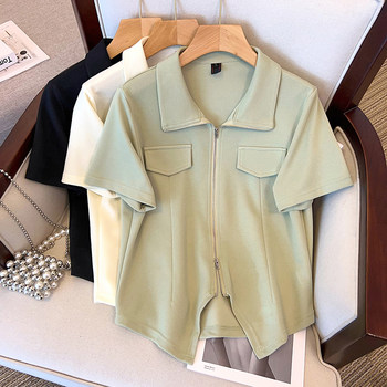 Large size fat mm irregular lapel cardigan short-sleeved t-shirt 2023 summer new design sense niche thin top