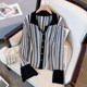 Large size fat mm striped lapel long-sleeved sweater 2023 autumn and winter new fashion high-end temperament thin top