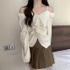 Large size fat mm twisted stitching sling long-sleeved shirt 2023 spring new French style chic all-match thin top