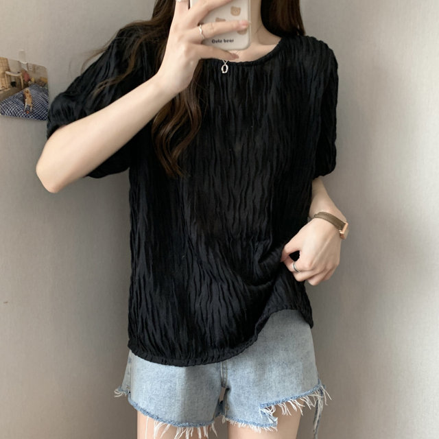 Large size women's round neck cover belly short-sleeved t-shirt bottoming shirt summer fat sister all-match design sense pleated top