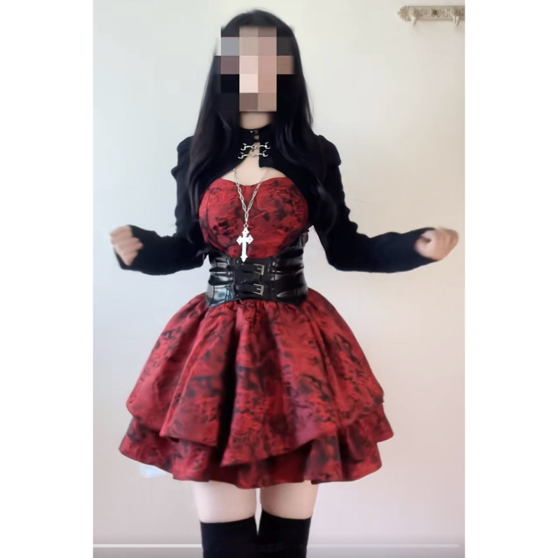 Heavy Jacquard Waist-Cinching Puffy Skirt Red Spaghetti Strap Dress with Chest Pads Dark Gothic Style Halloween Birthday Dress