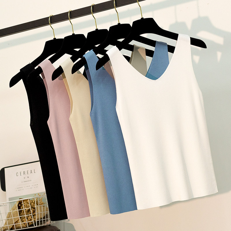 White ice silk knitted suit with a slim fit and a suit with a short camisole for women's bottoming thin shirt