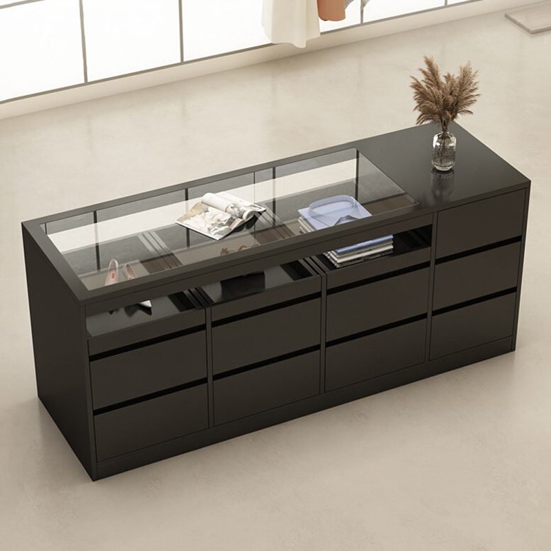Island Display Stand for Clothing Store with Glass Display Storage Cabinets, Jewelry Display Table in the Middle of the Women's Clothing Area