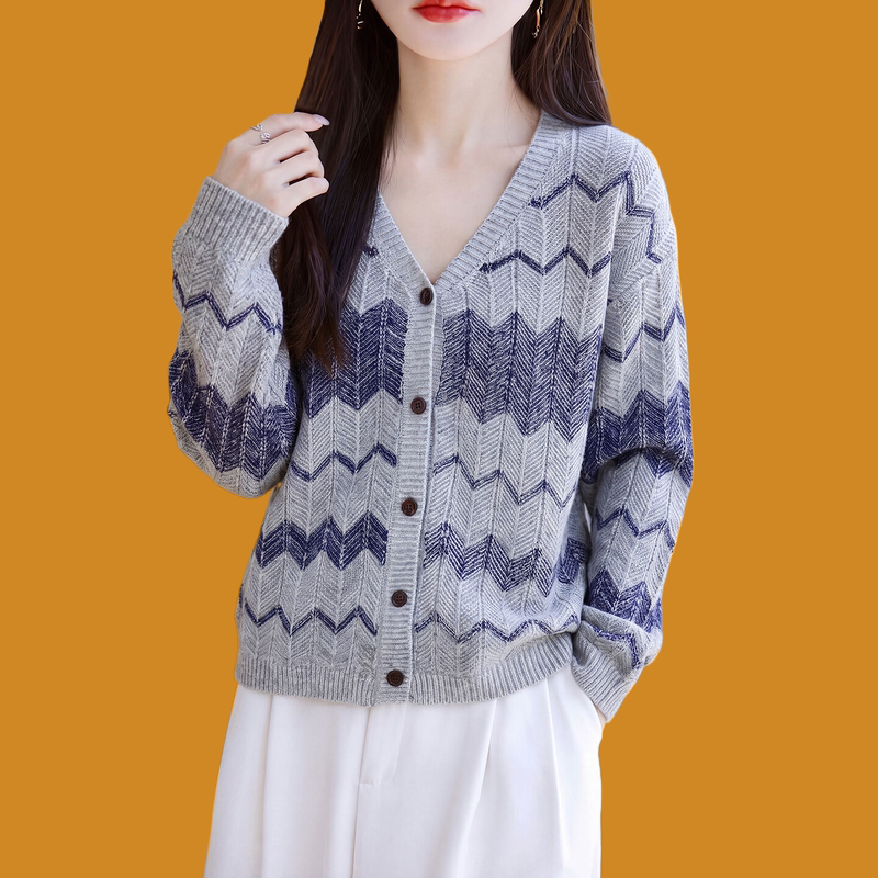 Shengyuzhu Cashmere Sweater for Women, Color-Blocked Wave Pattern V-Neck Wool Knit Faux Cardigan, Versatile and Slimming Sweater for Autumn and Winter