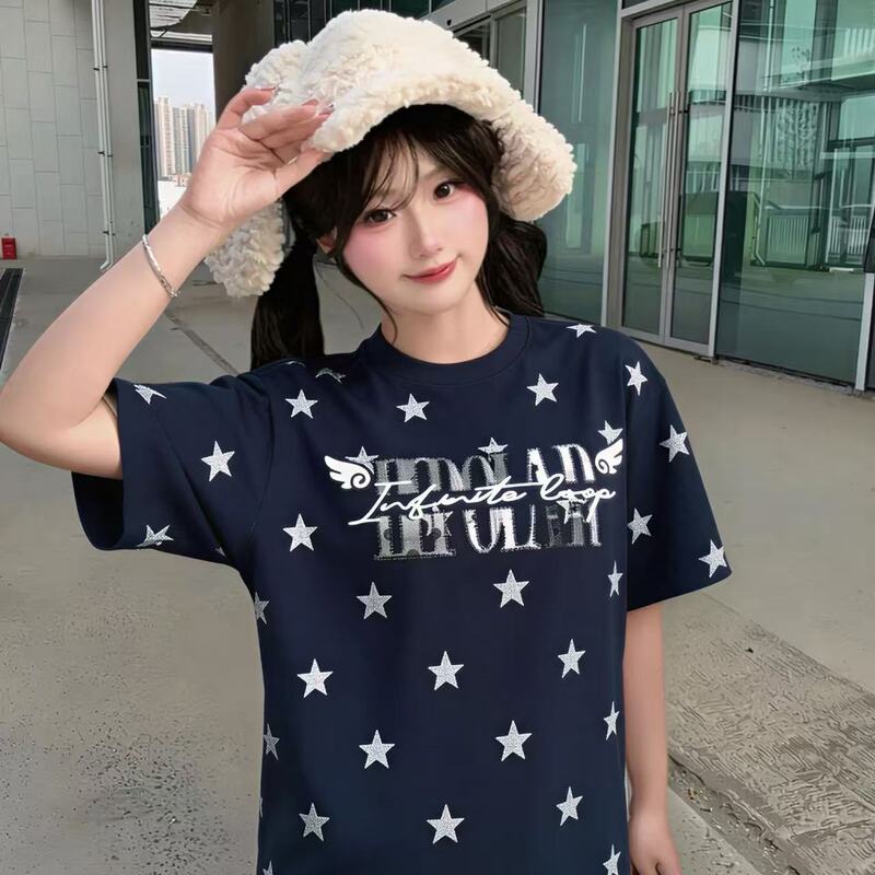 Trendy Retro Star Embroidery Short-Sleeve T-Shirt for Women, Summer New Style, Pure Cotton, Loose Fit, Versatile Design, Couple's Top