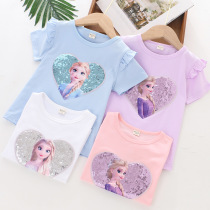 Snow Childrens Short Sleeve T-shirt Summer Deluxe Girl Girl Baby Half-sleeved Princess Aisha Top T Pure Cotton