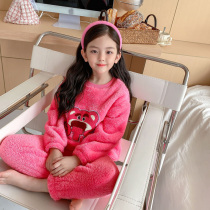 Girls nightgown coral wool winter thickening children in autumn and winter mode of big girls baby strawberry bear home suit